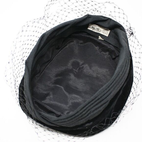 Vintage Black Velvet Hat Pillbox Turban Cocktail Style w Veil Union Tag -Hey Viv - Picture 4 of 7